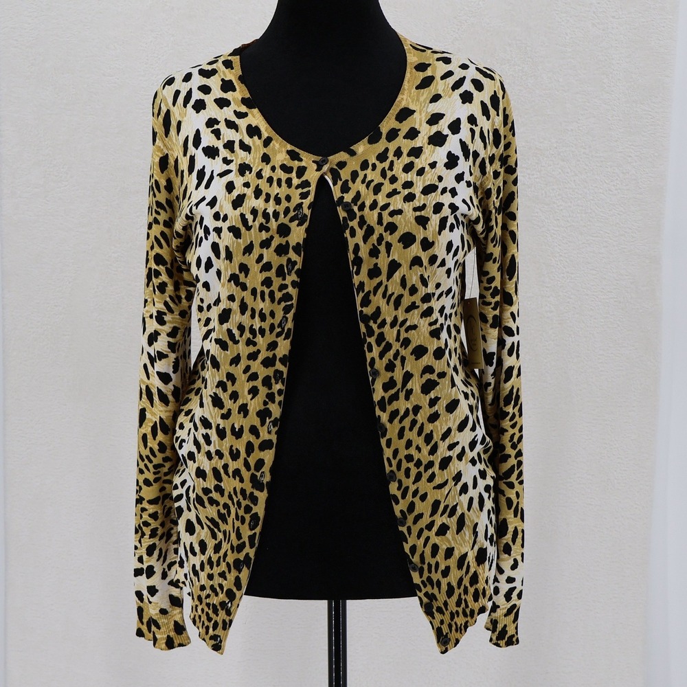 Evie Leopard Animal Print Cardigan Sweater Womens Size M Yellow Black Cheetah